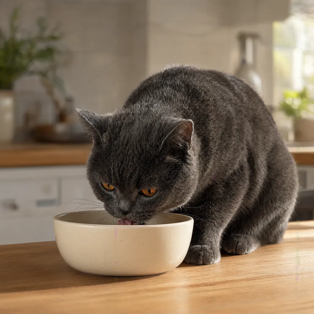 Katze frisst aus einer Keramikschale in der hellen Küche