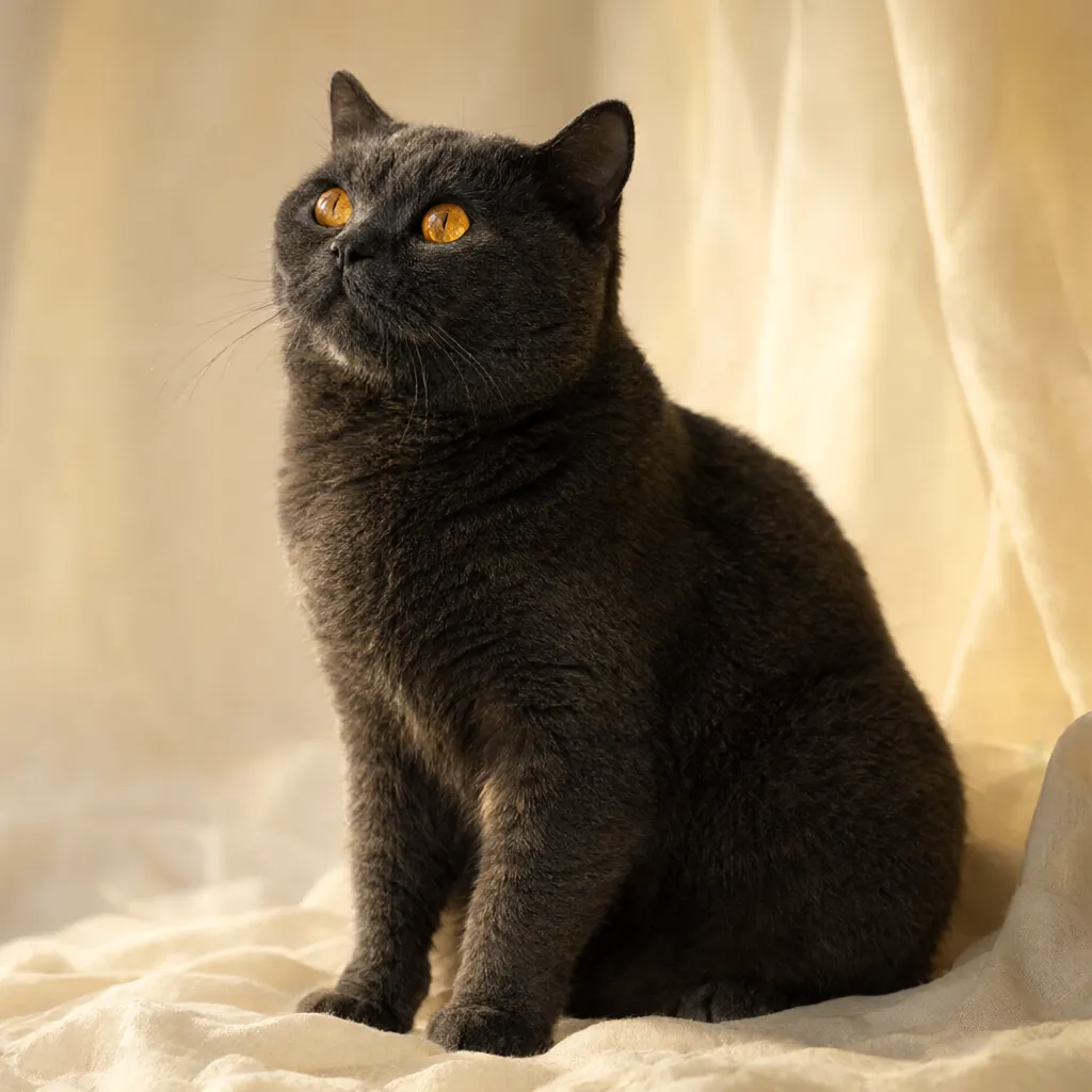 Katze, Britisch Kurzhaar in Charcoal, sitzt aufrecht im warmen Seitenlicht