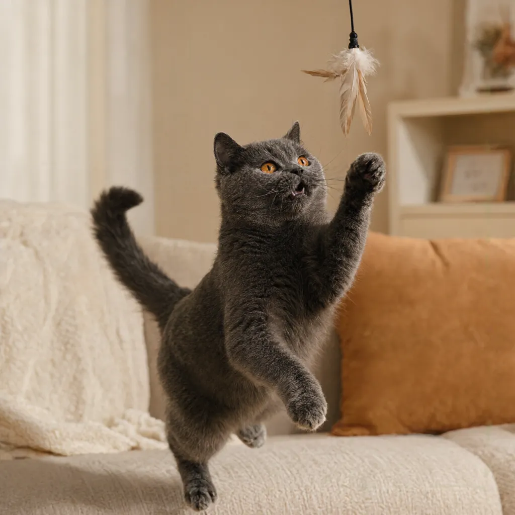 Katze mittig im Sprung, federndes Spielzeug in der Luft