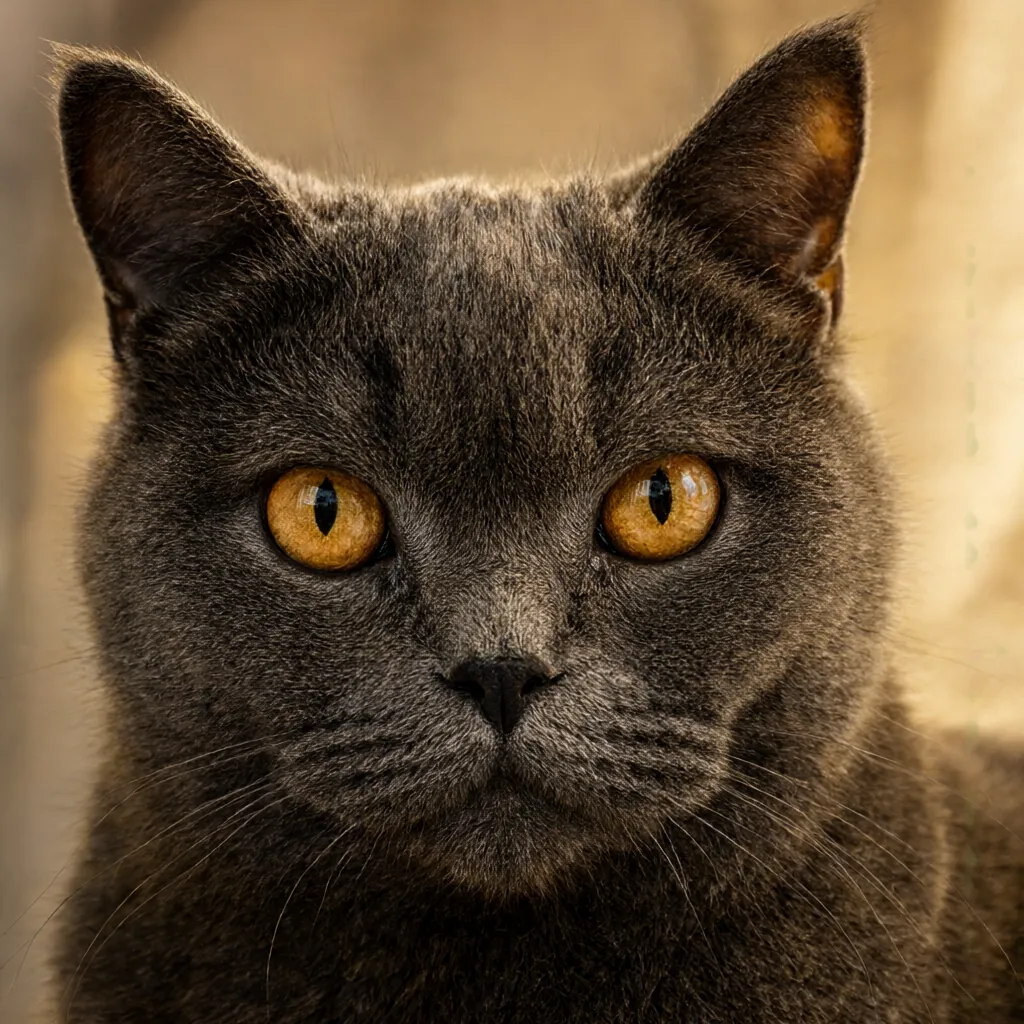 Porträt von Katze, Blick direkt in die Kamera, warmes Licht