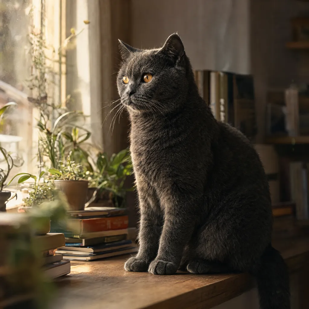 Katze sitzt auf dem Fensterbrett im warmen Nachmittagslicht